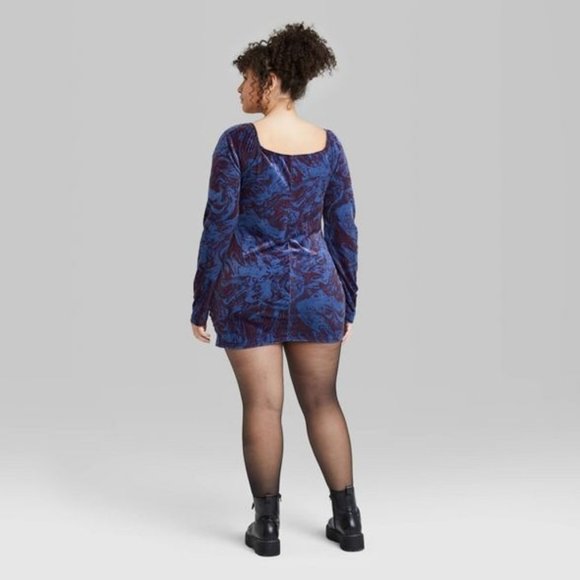 Wild Fable Woman Velvet Dress Medium Bodycon Blue Purple Long Sleeve Ruched Mini - Picture 10 of 14